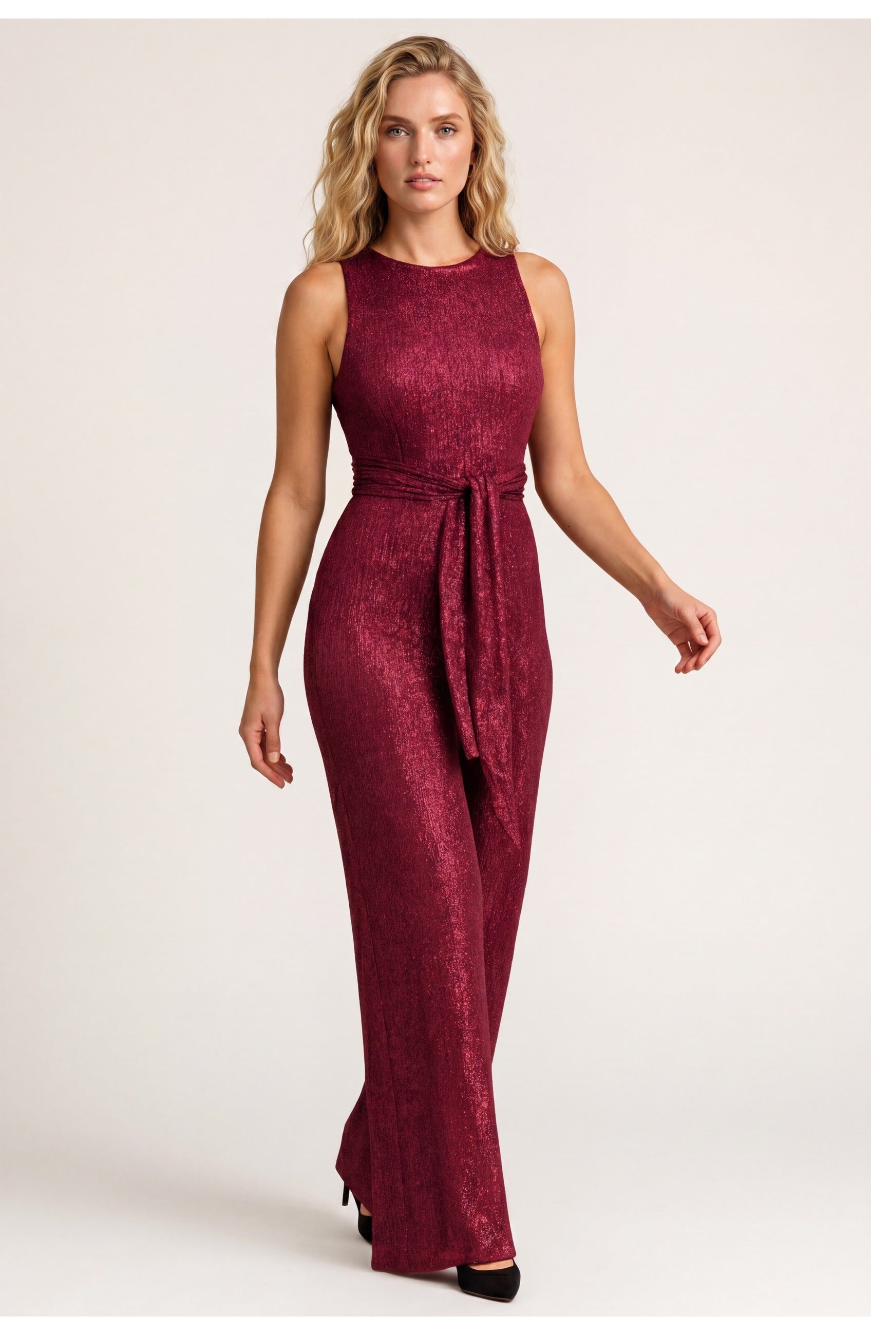 Women's Sleeveless Jumpsuit | Belted Waist | Glitter Details