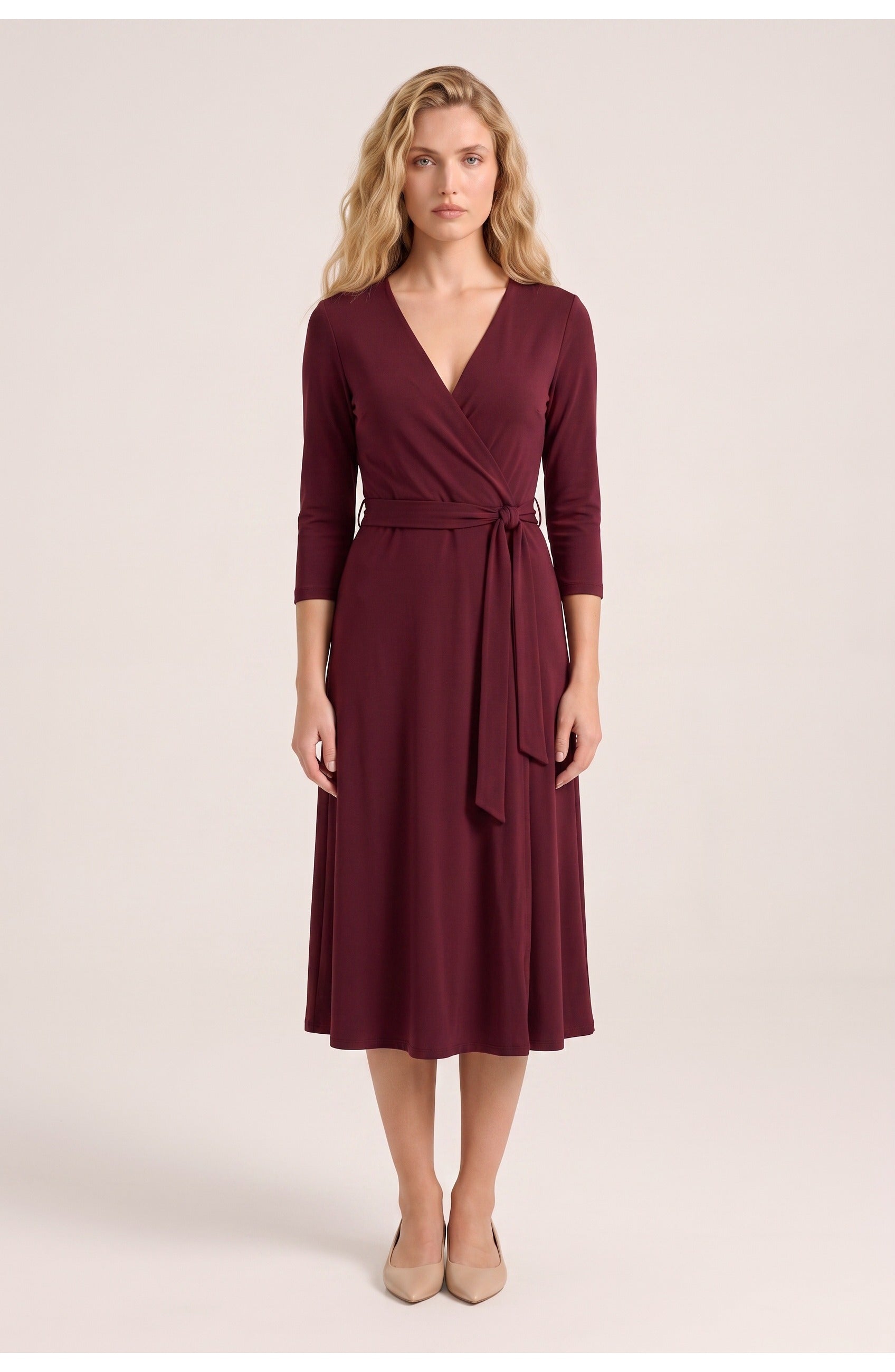 Women's Wrap Midi Dress | Surplice V-Neck | Tie Waist