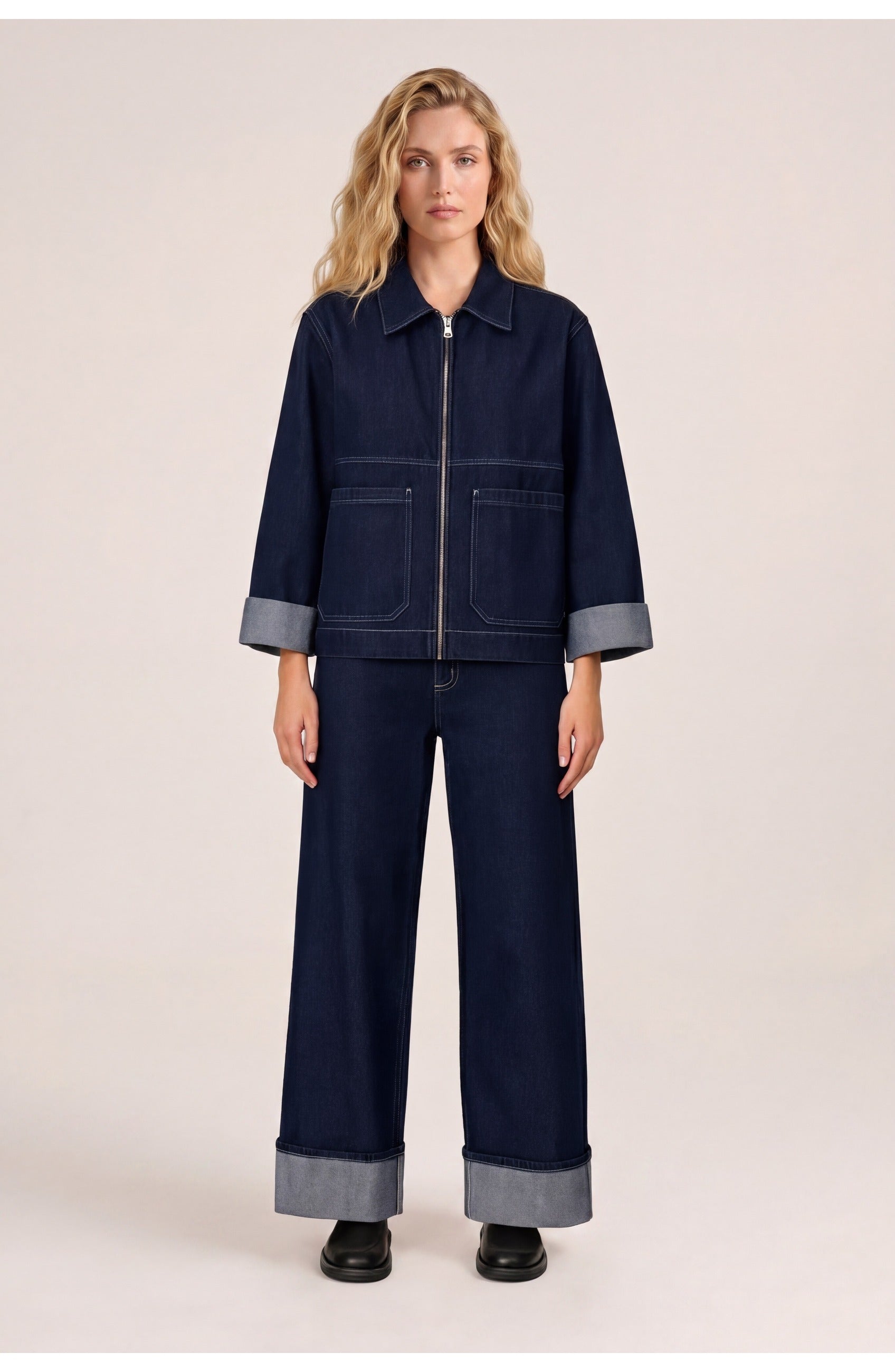 Women's Co-Ord Set | Cropped Jacket and Wide-Leg Jeans with Cuffed Hem | Casual Look