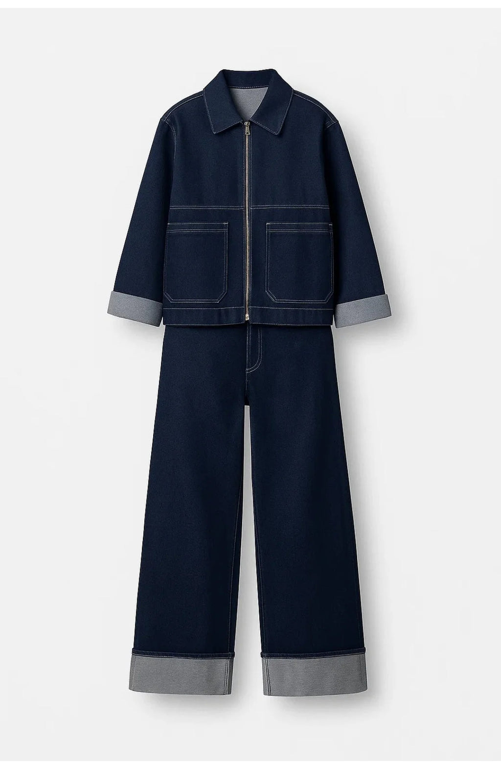 Women's Co-Ord Set | Cropped Jacket and Wide-Leg Jeans with Cuffed Hem | Casual Look