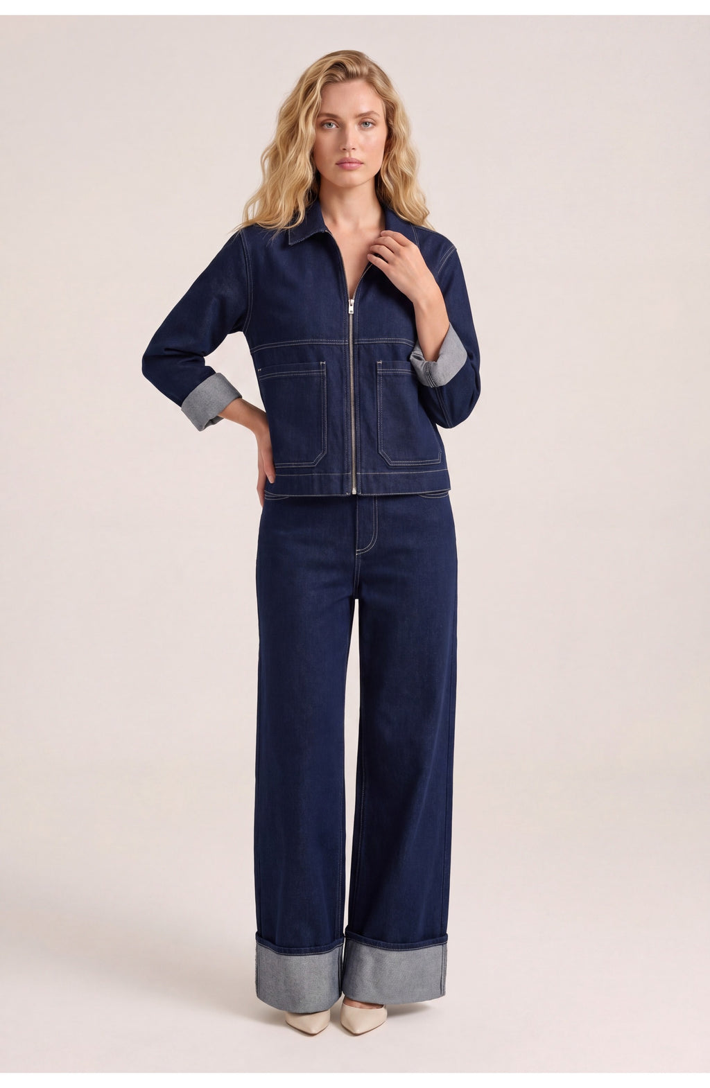 Women's Co-Ord Set | Cropped Jacket and Wide-Leg Jeans with Cuffed Hem | Casual Look