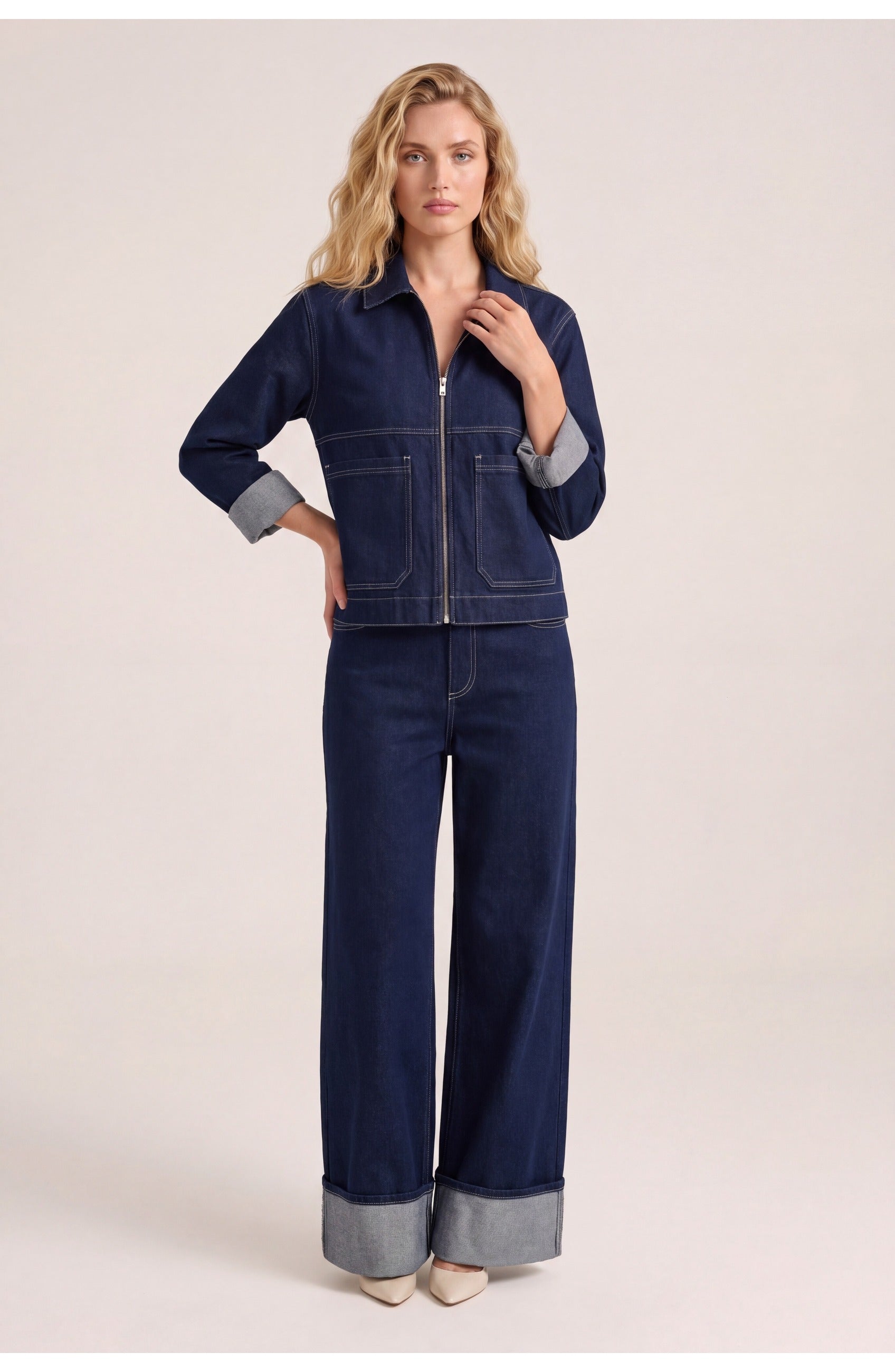 Women's Co-Ord Set | Cropped Jacket and Wide-Leg Jeans with Cuffed Hem | Casual Look
