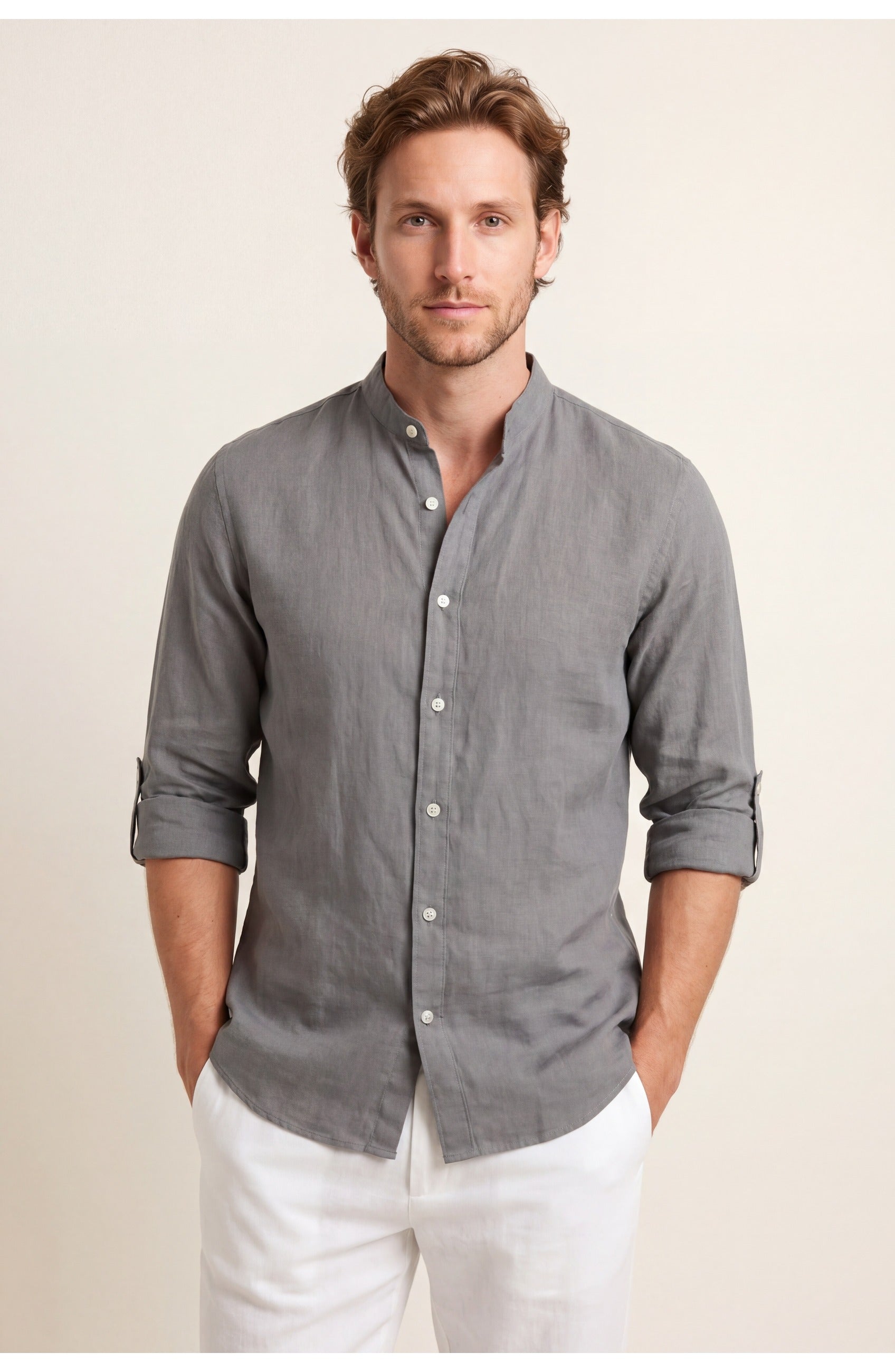 Men's Relaxed Fit Shirt | Stand-Up Collar | Long Sleeve Summer