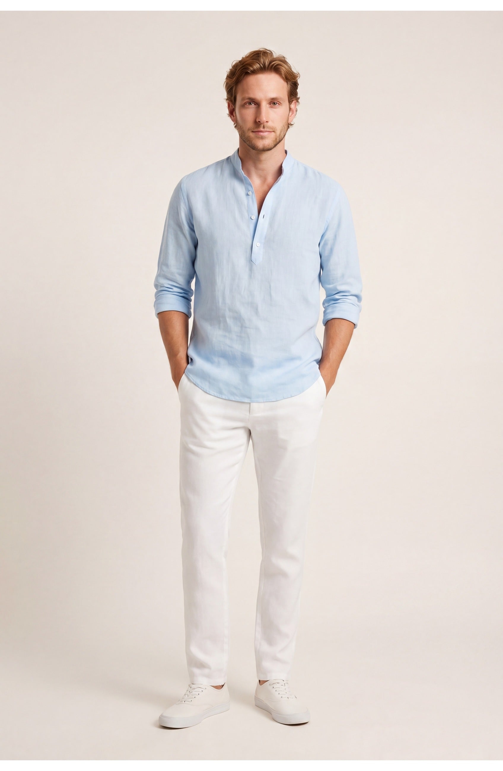 Men's Relaxed Fit Shirt | Stand-Up Collar | Long Sleeve Summer