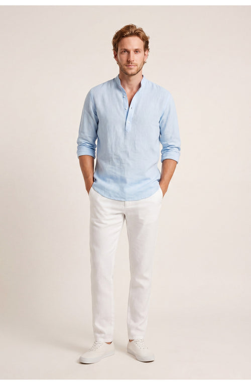 Men's Relaxed Fit Shirt | Stand-Up Collar | Long Sleeve Summer