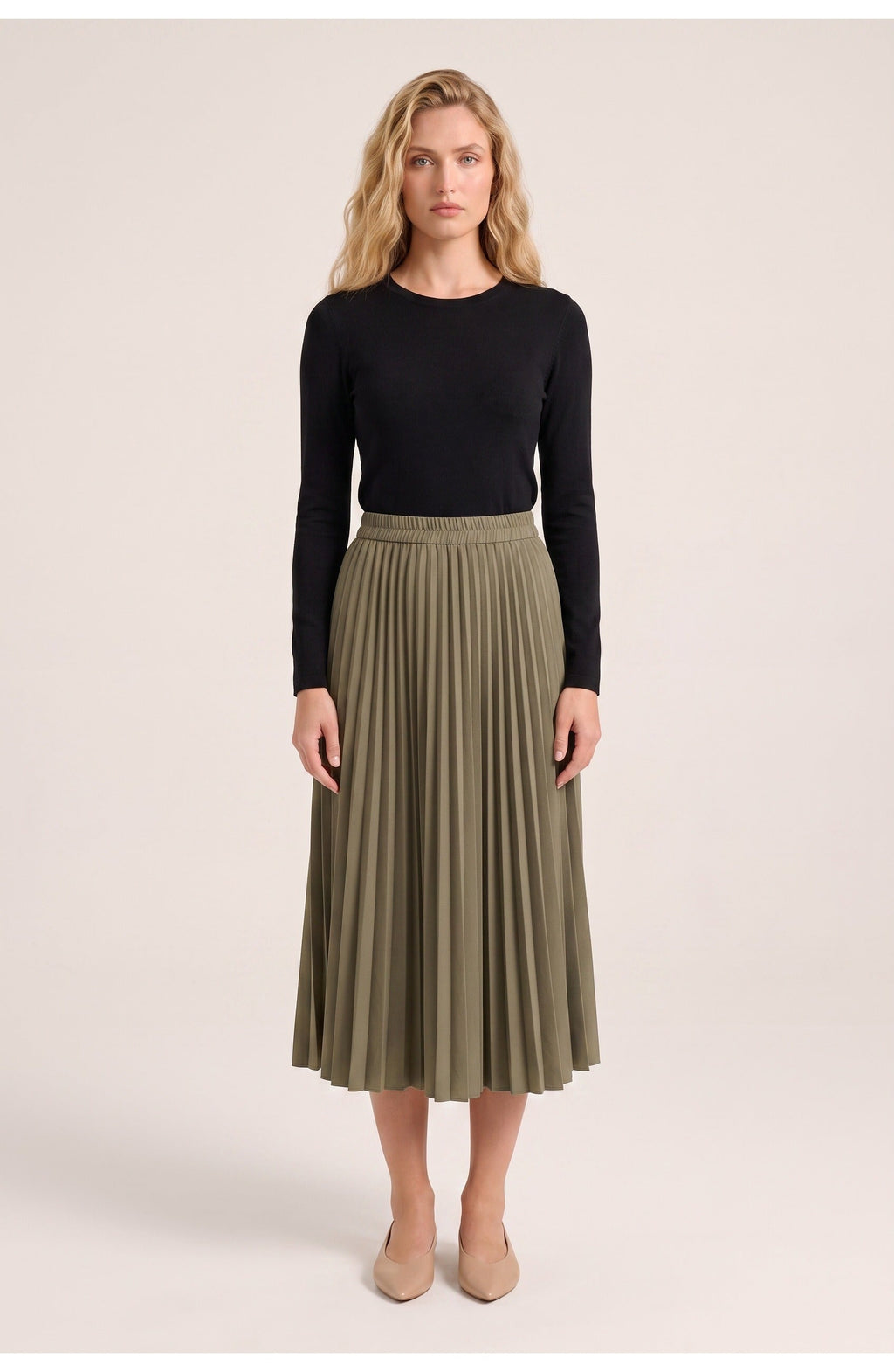 Women's Pleated Midi Skirt | Elastic Waist | A-Line