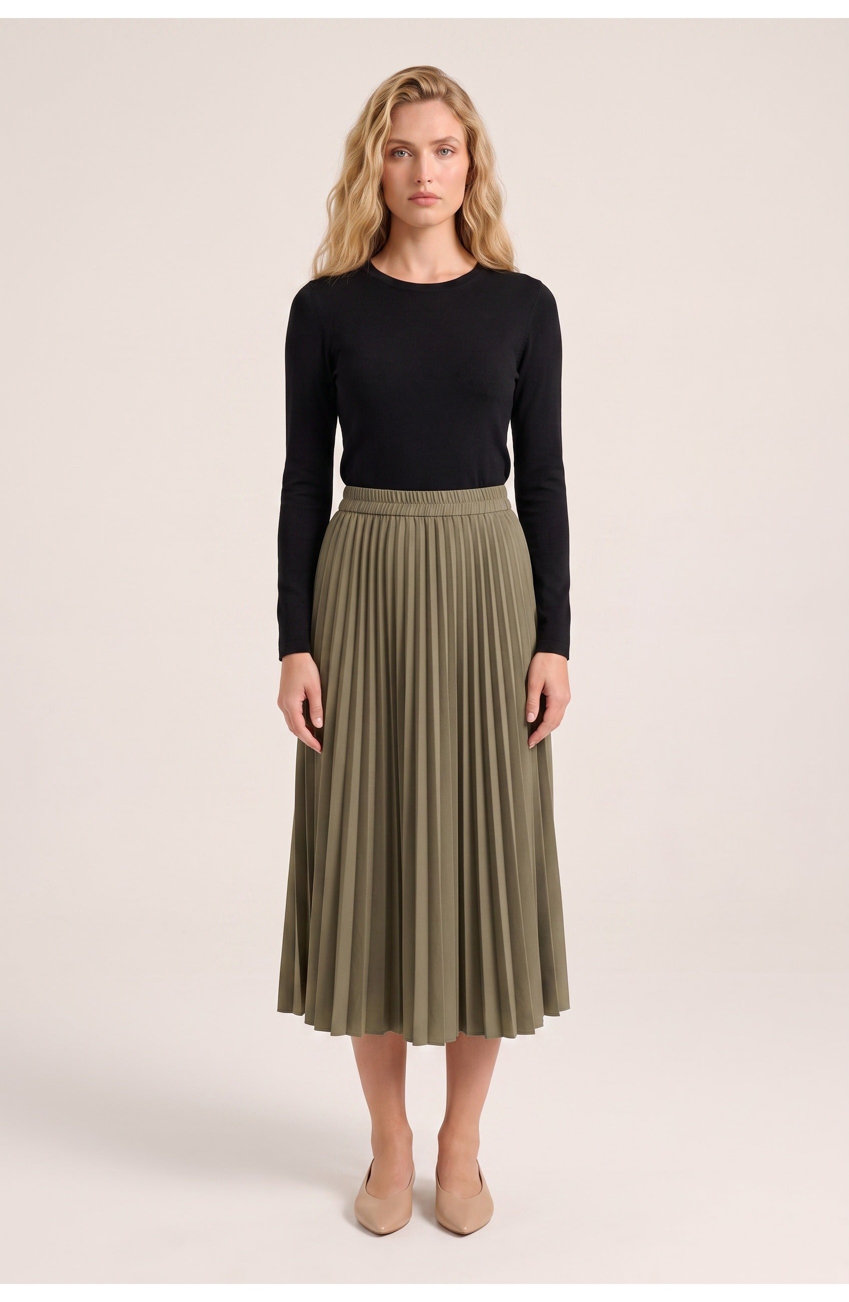 Women's Pleated Midi Skirt | Elastic Waist | A-Line