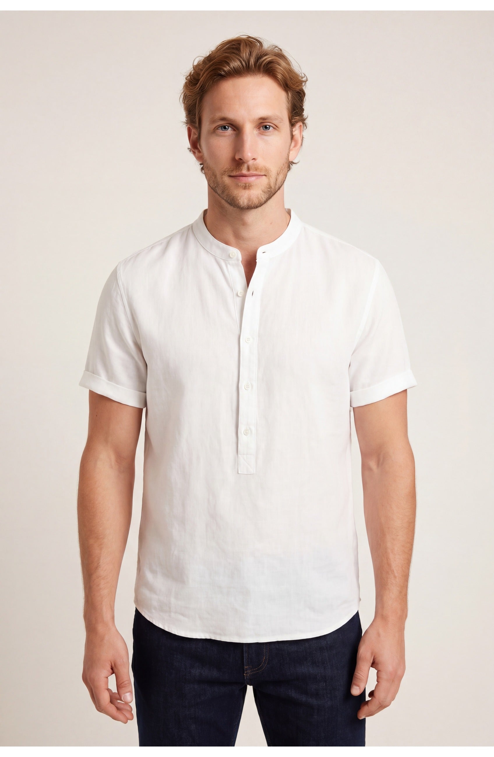 Men's Relaxed Fit Short Sleeve Shirt | Stand-Up Collar | Summer Style