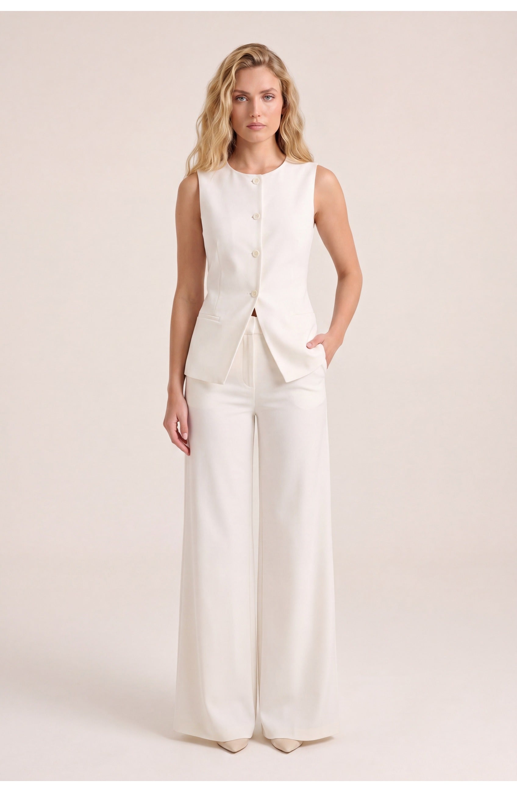 Women's Tailored Co-Ord Set | Vest with Wide Trousers and Asymmetric Hem | Elegant Style