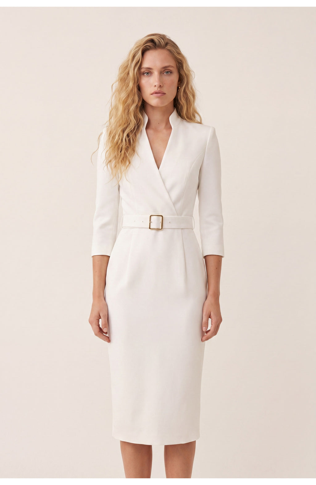 Women's Fitted Midi Dress | Belted Waist | V-Neck