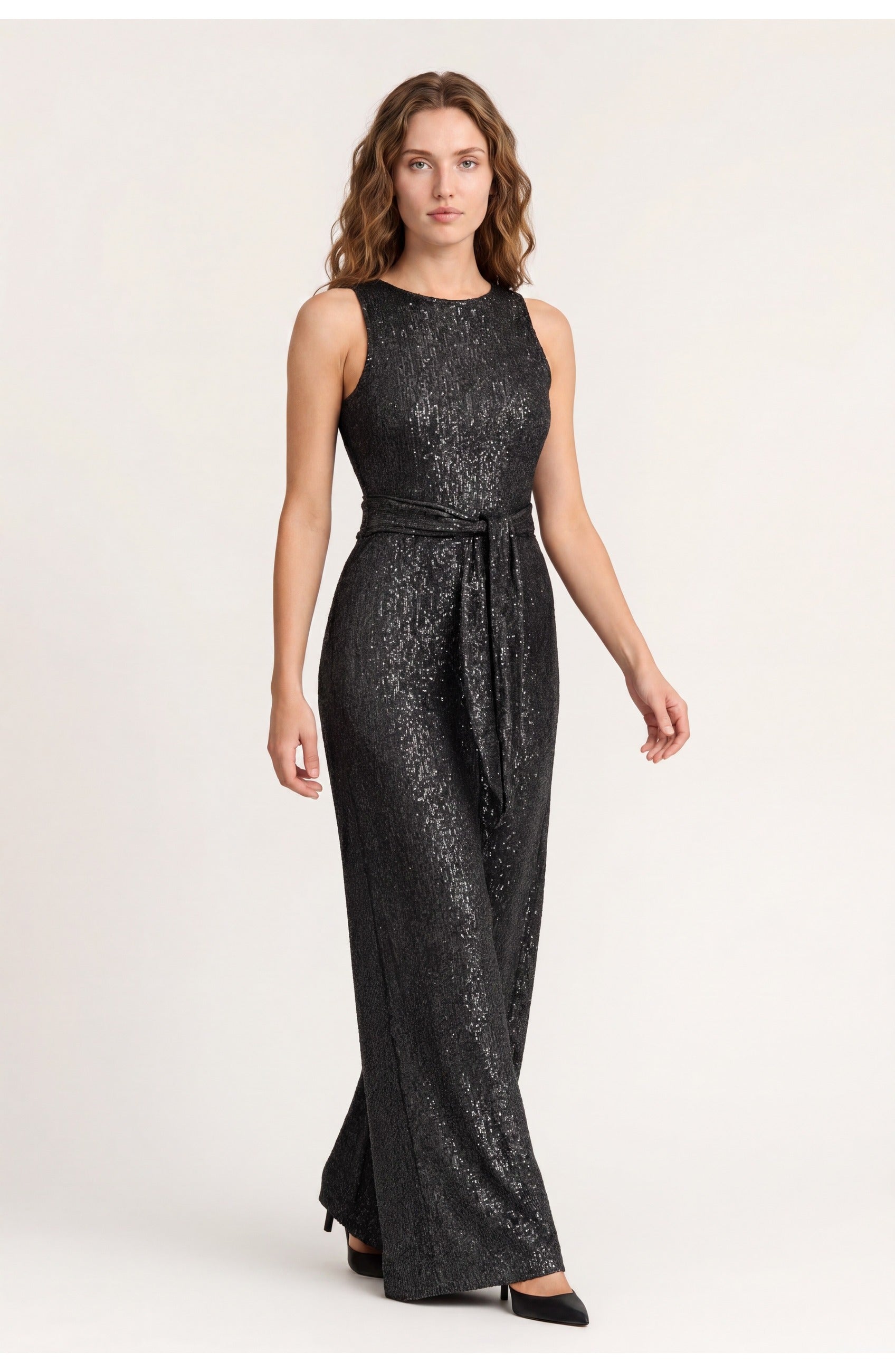 Women's Sleeveless Jumpsuit | Belted Waist | Glitter Details