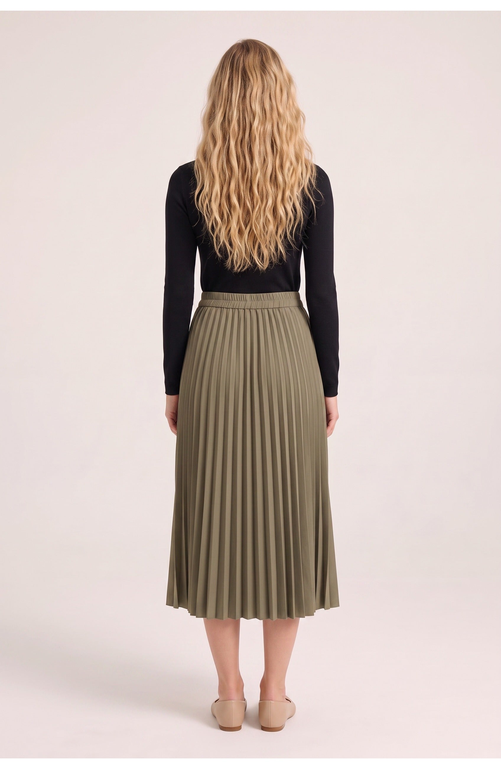 Women's Pleated Midi Skirt | Elastic Waist | A-Line